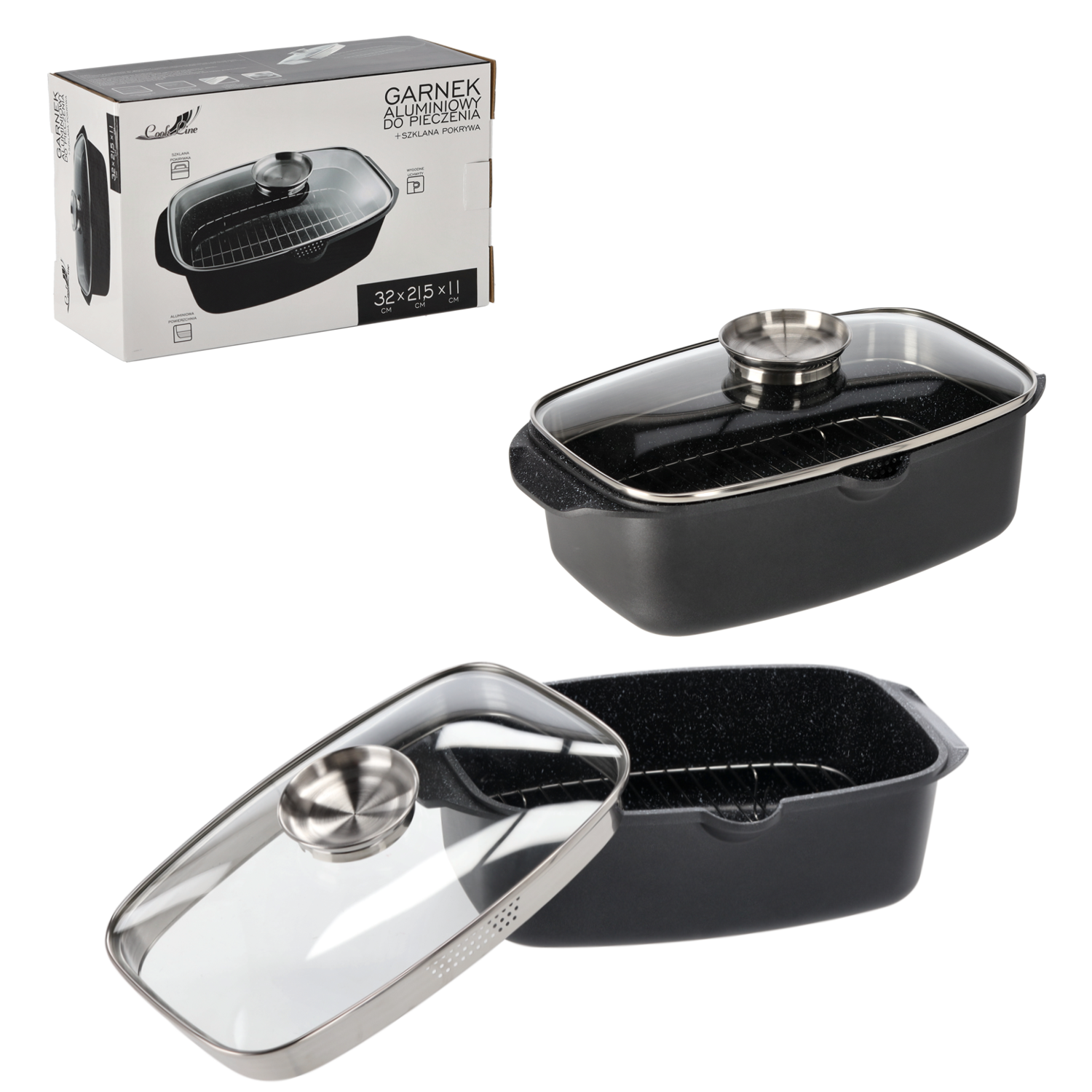 GARNEK ALUMINIOWY DO PIECZENIA 32 x 21.5 x 11 CM Z SZKLANĄ POKRYWĄ *2852