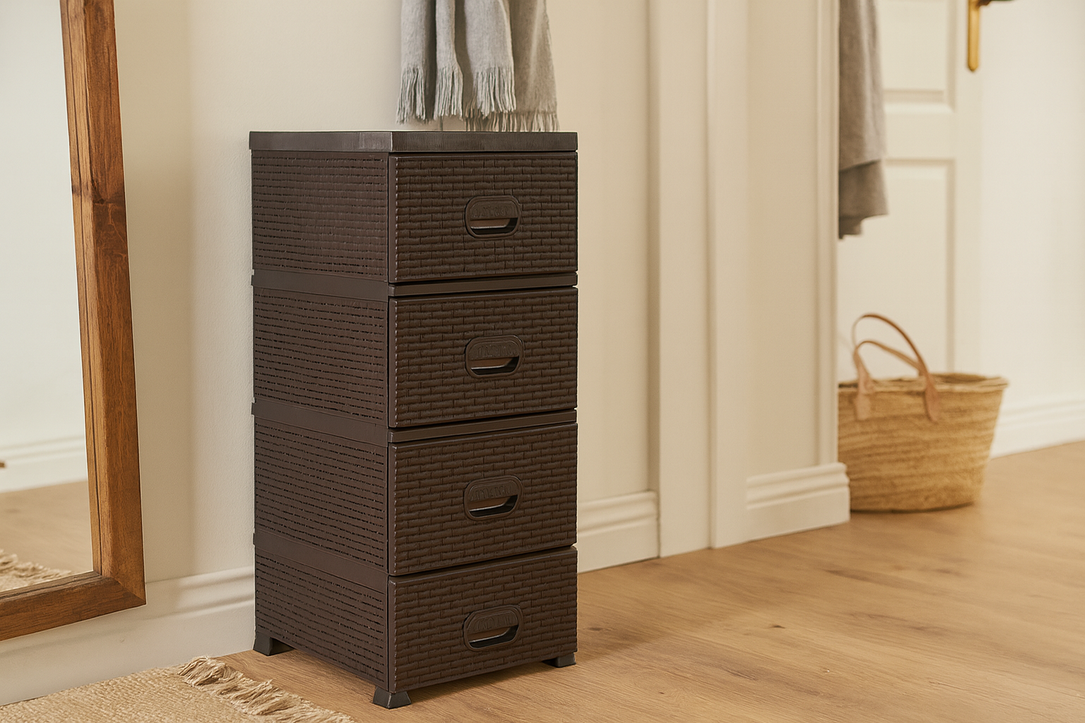 KOMODA PLASTIKOWA Z 4 SZUFLADAMI BRĄZOWA 38 x 45 x 90 cm RATTAN *9436 - obrazek 3