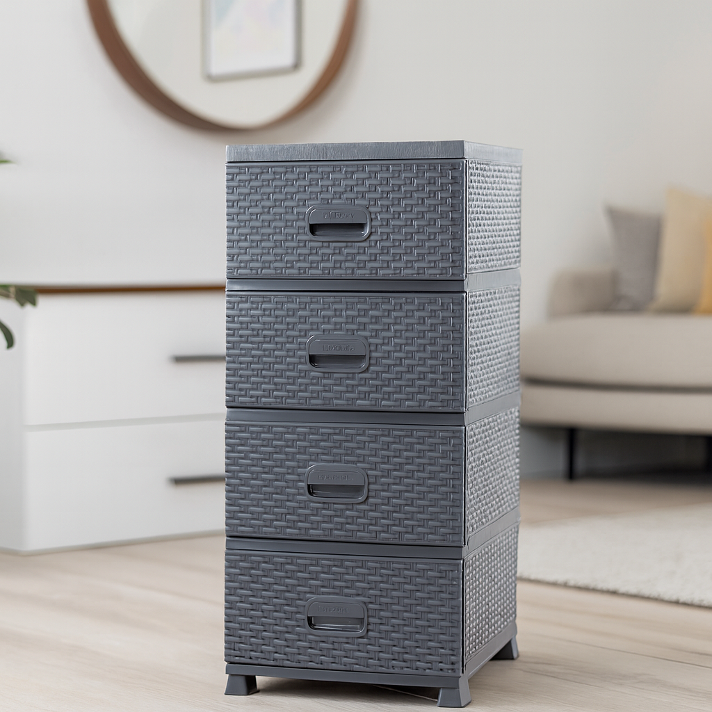 KOMODA PLASTIKOWA Z 4 SZUFLADAMI SZARA 38 x 45 x 90 cm RATTAN *9450 - obrazek 4