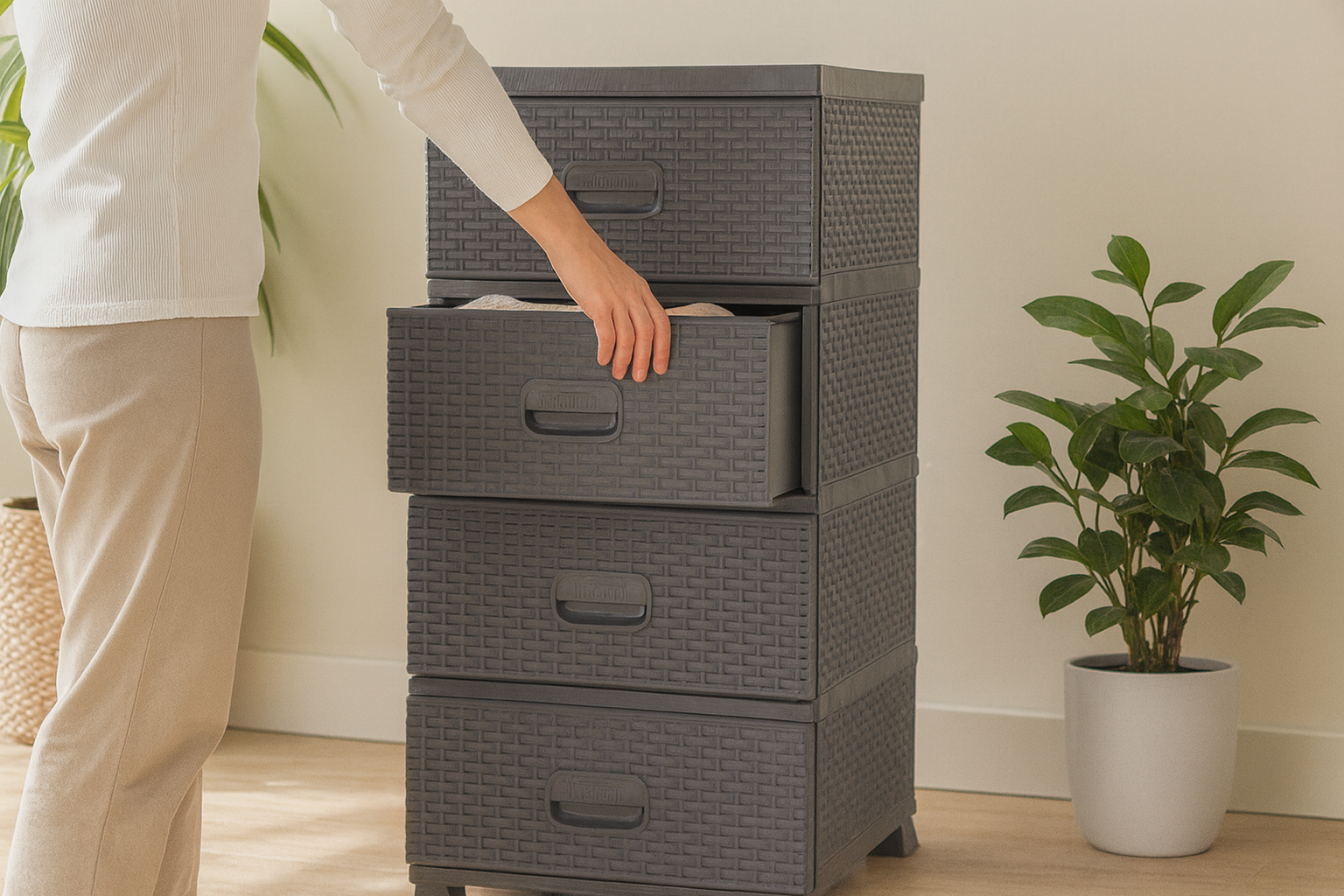 KOMODA PLASTIKOWA Z 4 SZUFLADAMI SZARA 38 x 45 x 90 cm RATTAN *9450 - obrazek 3