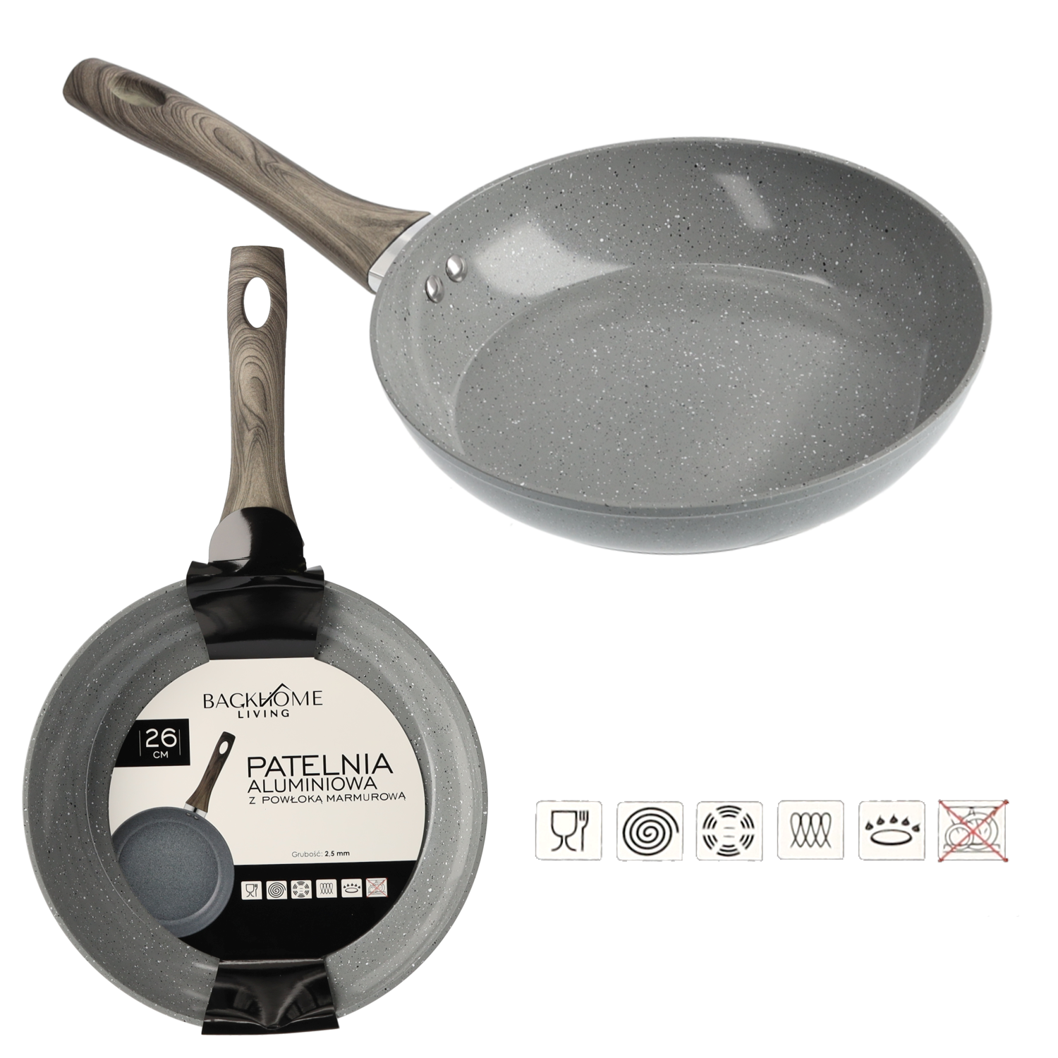 PATELNIA ALUMINIOWA 26 CM 2,5 MM Z POWŁOKĄ MARMUROWĄ *7602