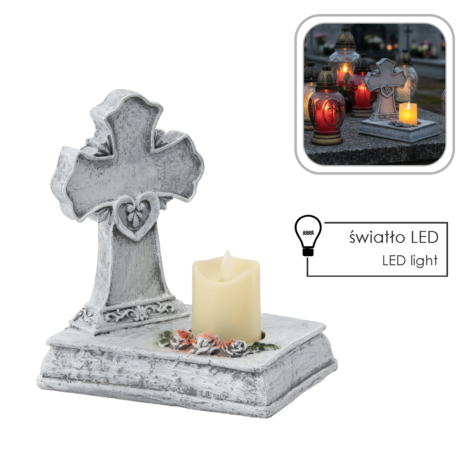 FIGURA KRZYŻ ZE ŚWIECZKĄ LED 22,5 X 14 X 21,5 CM *8769