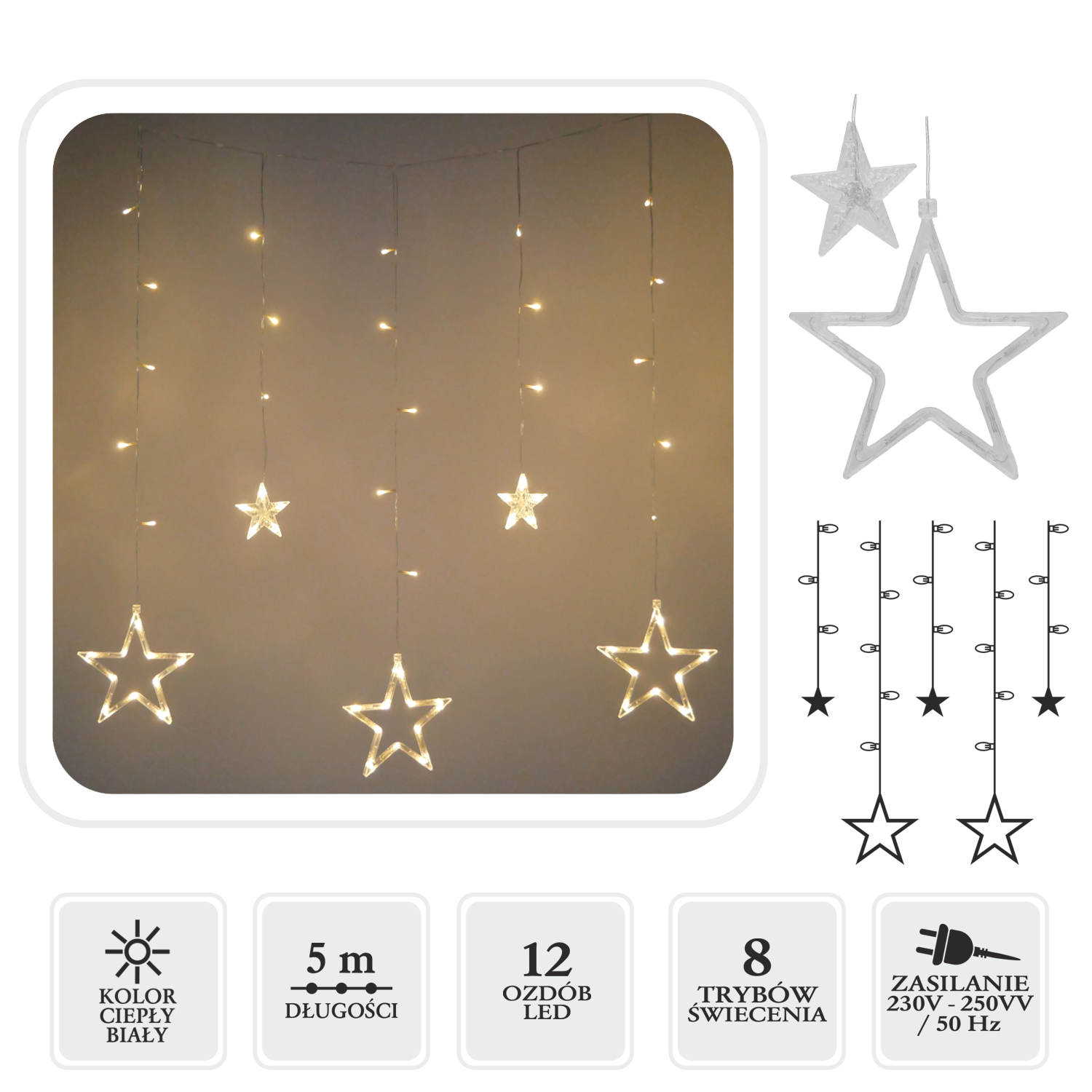 KURTYNA ŚWIETLNA LED GWIAZDKI 138L DŁ. 3 + 2 M CIEPŁY BIAŁY WEWN/ZEWN *3997 - obrazek 4