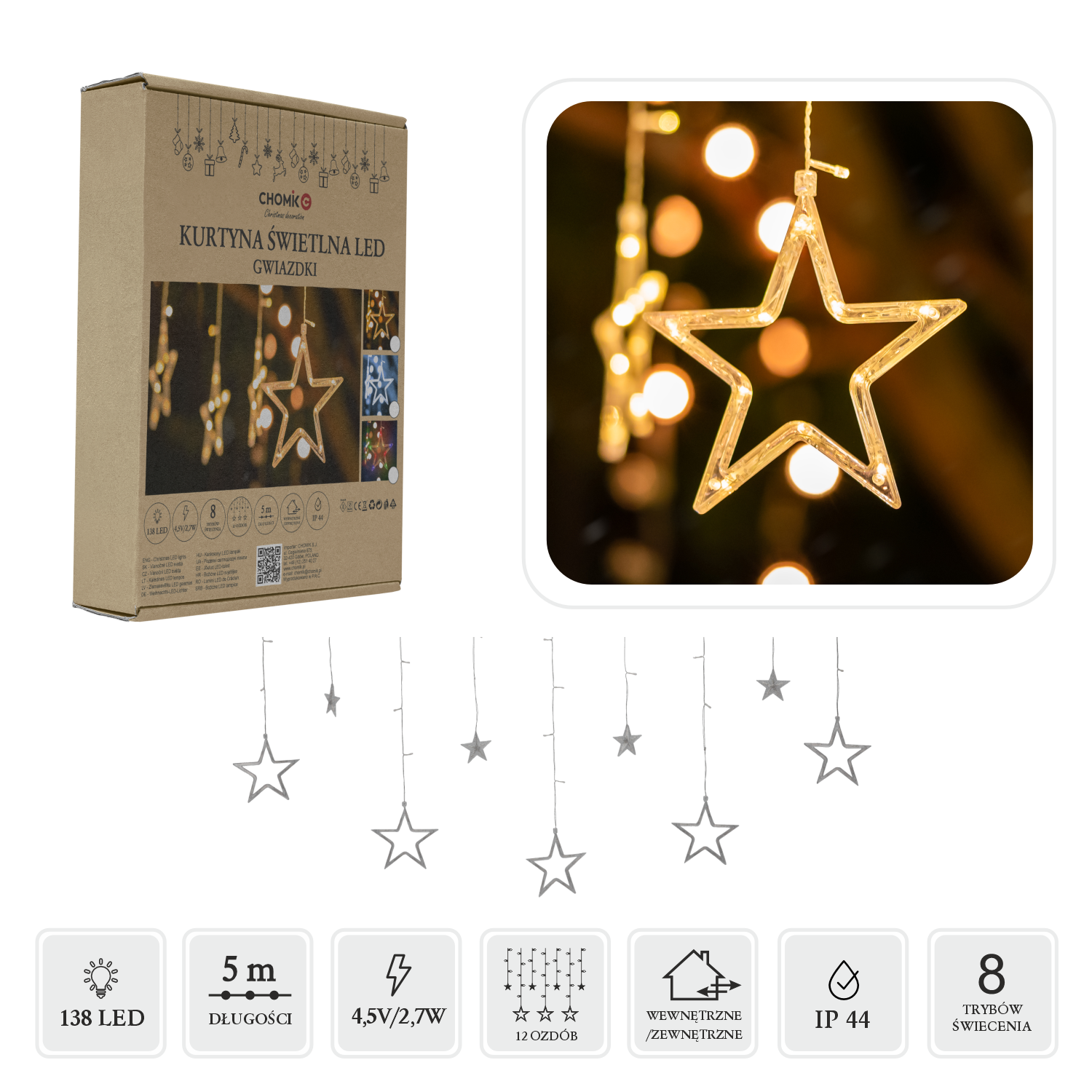 KURTYNA ŚWIETLNA LED GWIAZDKI 138L DŁ. 3 + 2 M CIEPŁY BIAŁY WEWN/ZEWN *3997 - obrazek 3