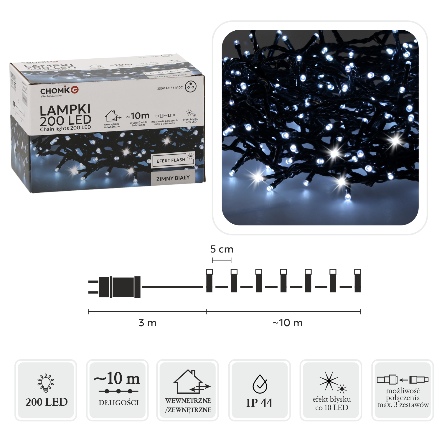 LAMPKI LED 200L ZIMNY BIAŁY + ZIMNY FLASH, DŁ. 3 + 10 M WEWN/ZEWN *9485