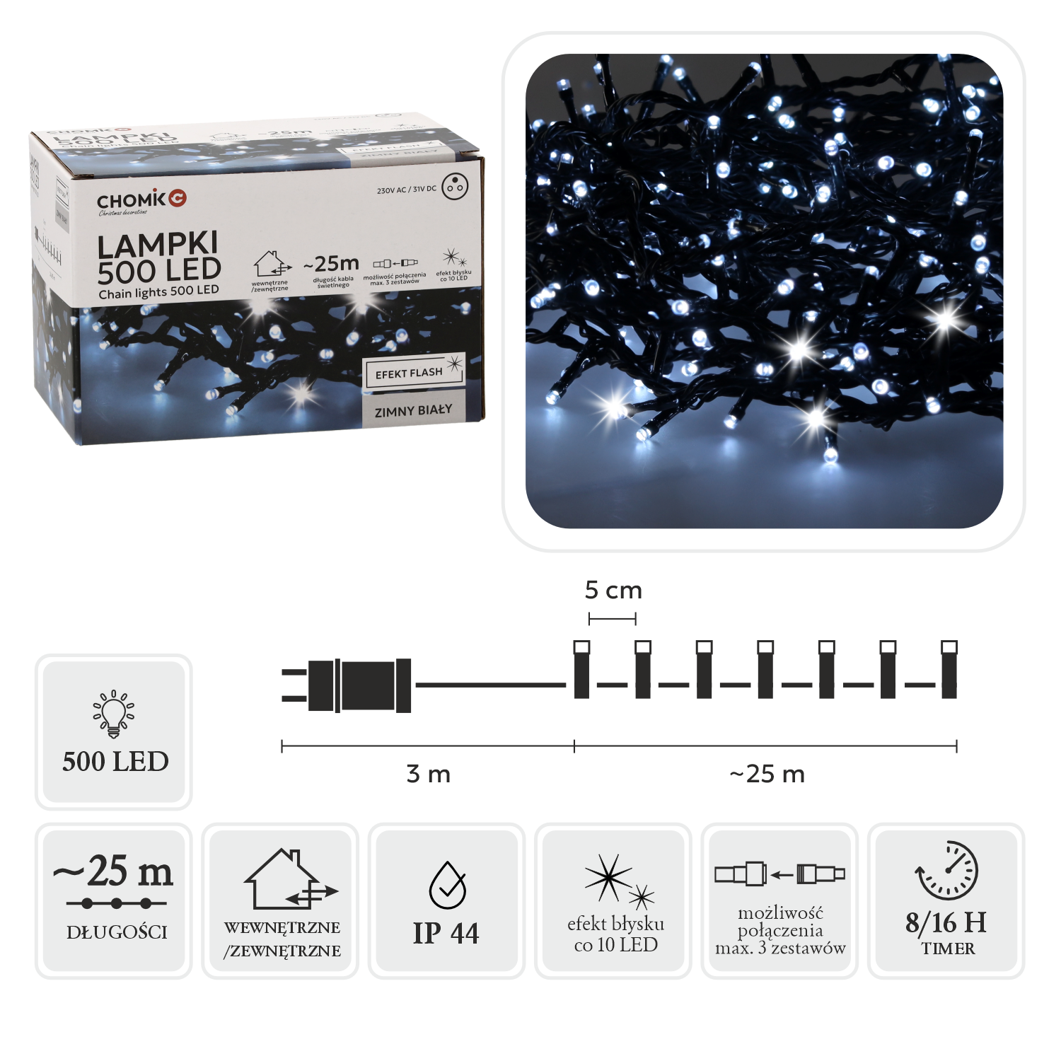 LAMPKI LED 500L ZIMNY BIAŁY + ZIMNY FLASH, DŁ. 3 + 25 M WEWN/ZEWN *9607 - obrazek 2