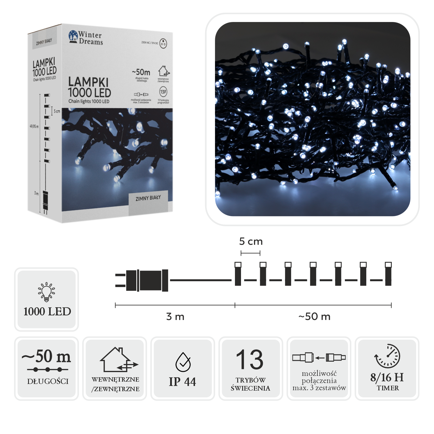 LAMPKI LED 1000L ZIMNY BIAŁY DŁ. 3 + 50 M WEWN/ZEWN *9638 - obrazek 3