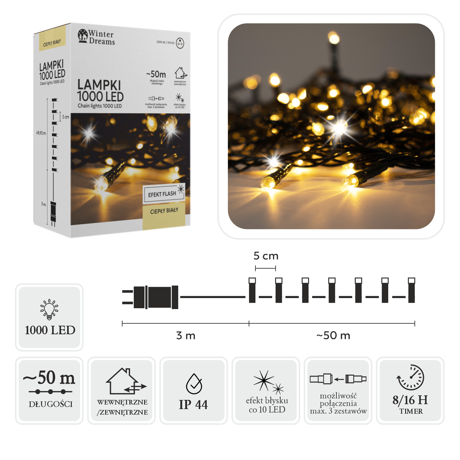 LAMPKI LED 1000L CIEPŁY BIAŁY + ZIMNY FLASH, DŁ. 3 + 50 M WEWN/ZEWN *9645 - obrazek 3