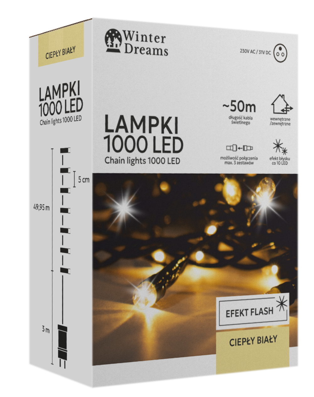 LAMPKI LED 1000L CIEPŁY BIAŁY + ZIMNY FLASH, DŁ. 3 + 50 M WEWN/ZEWN *9645 - obrazek 4