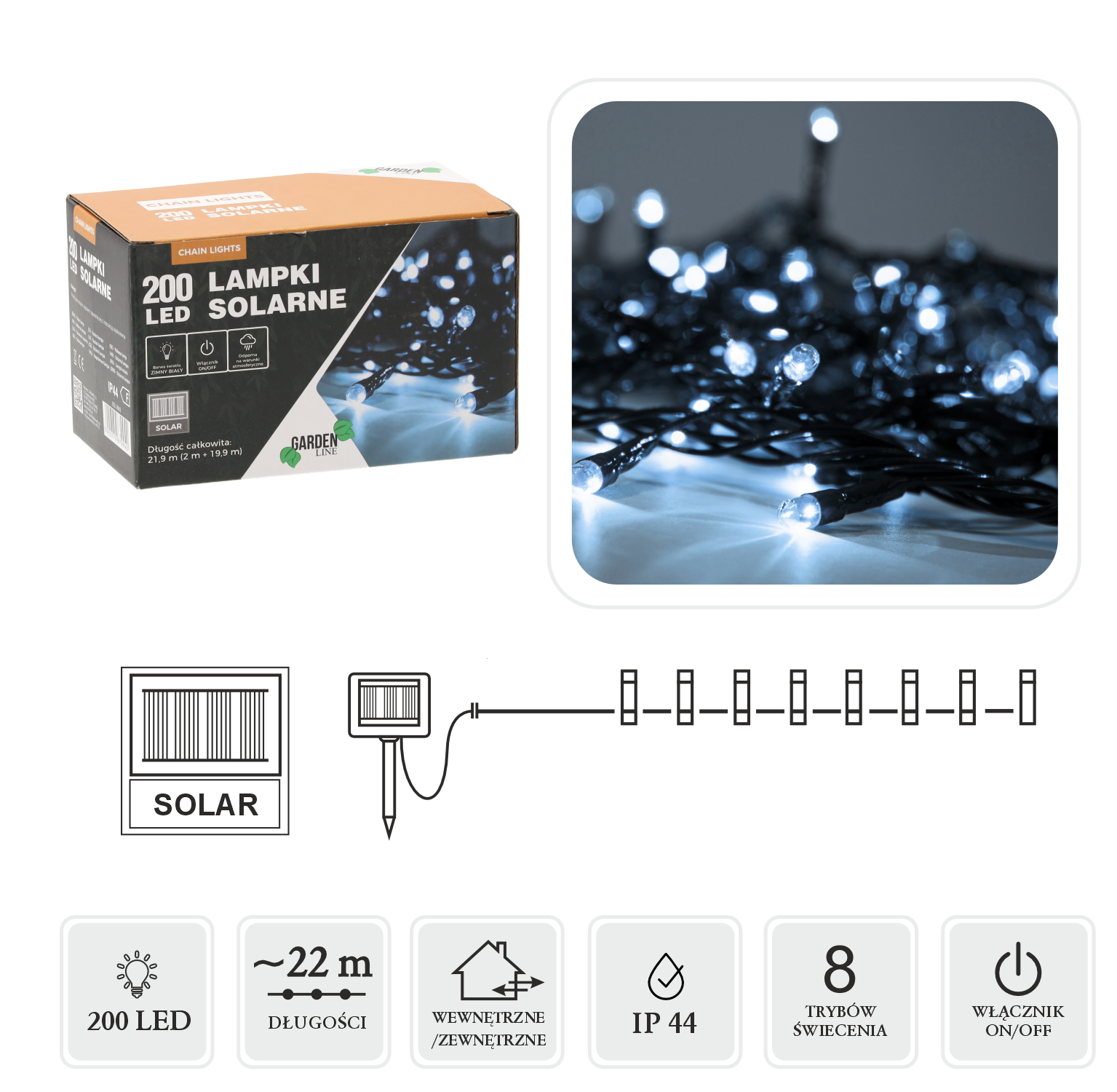 LAMPKI LED SOLARNE 200L ZIMNY BIAŁY, DŁ. 2 + 20 M *9942 - obrazek 3