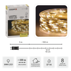 LAMPKI LED DRUCIKI NA SZPULI 1000L CIEPŁY BIAŁY, DŁ. 3 + 100 M *0085