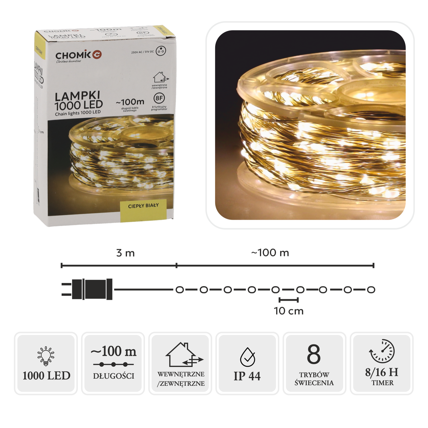 LAMPKI LED DRUCIKI NA SZPULI 1000L CIEPŁY BIAŁY, DŁ. 3 + 100 M *0085 - obrazek 2