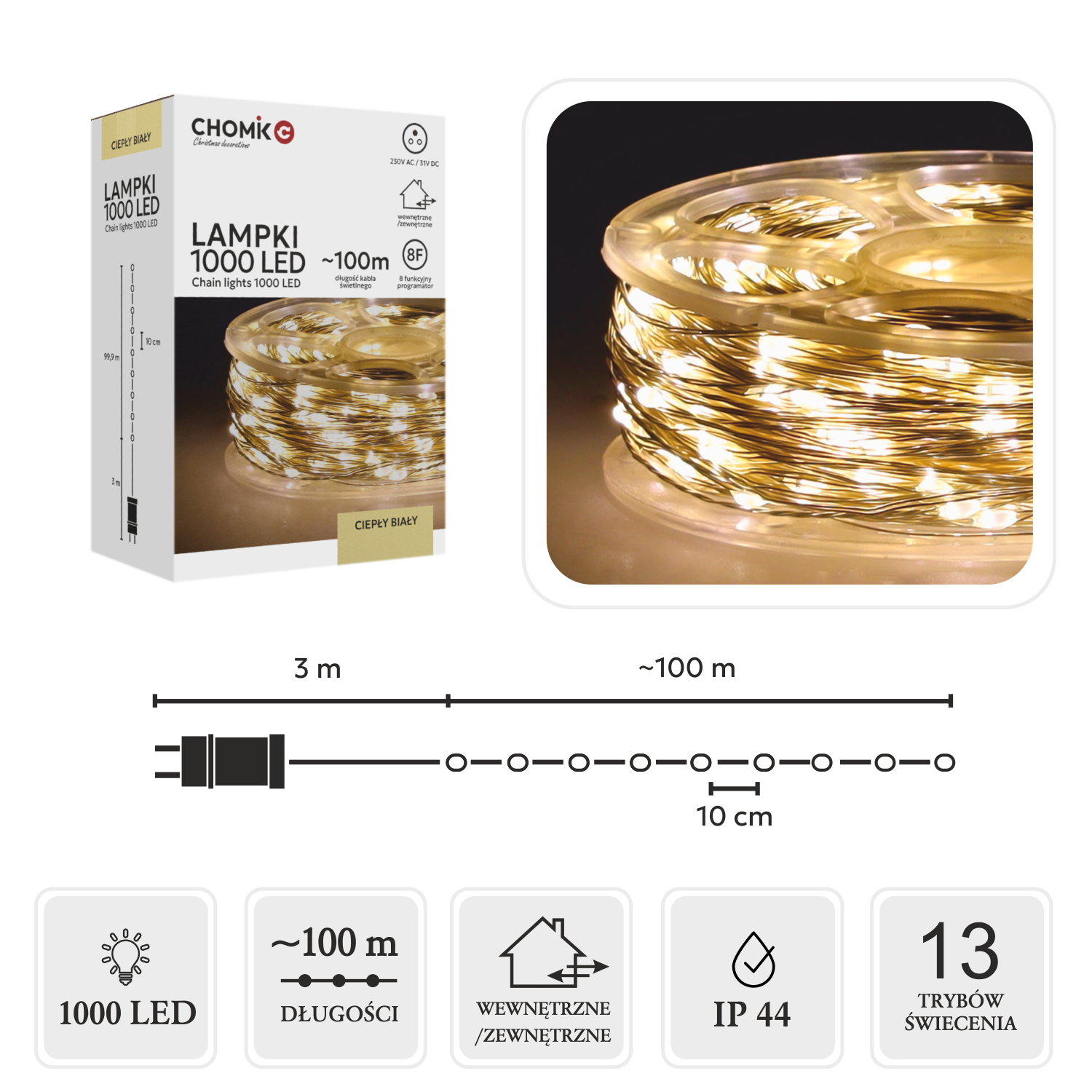 LAMPKI LED DRUCIKI NA SZPULI 1000L CIEPŁY BIAŁY, DŁ. 3 + 100 M *0085 - obrazek 3