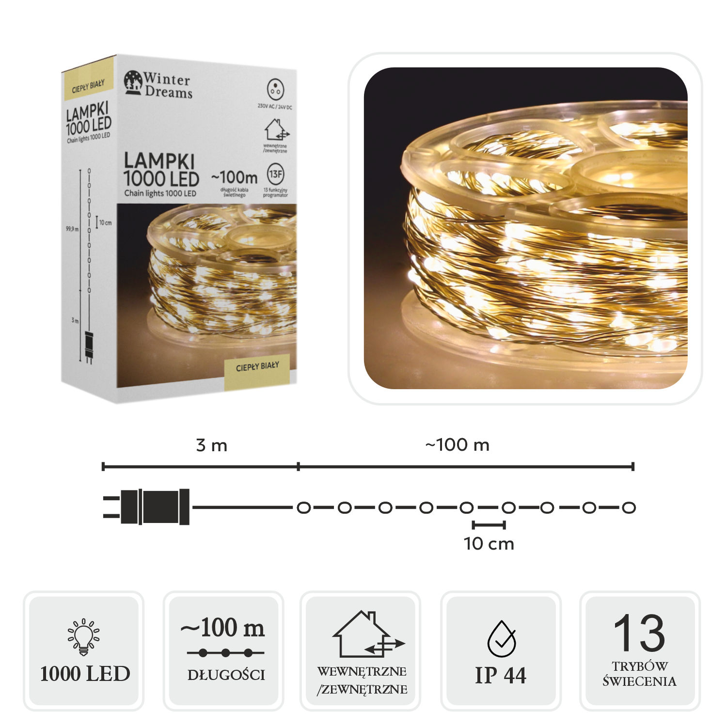 LAMPKI LED DRUCIKI NA SZPULI 1000L CIEPŁY BIAŁY, DŁ. 3 + 100 M *0085 - obrazek 4