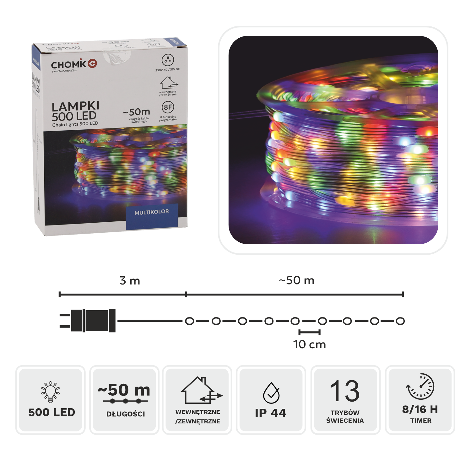 LAMPKI LED MICRO NA SZPULI 500L MULTIKOLOR, DŁ. 3 + 50 M *0139