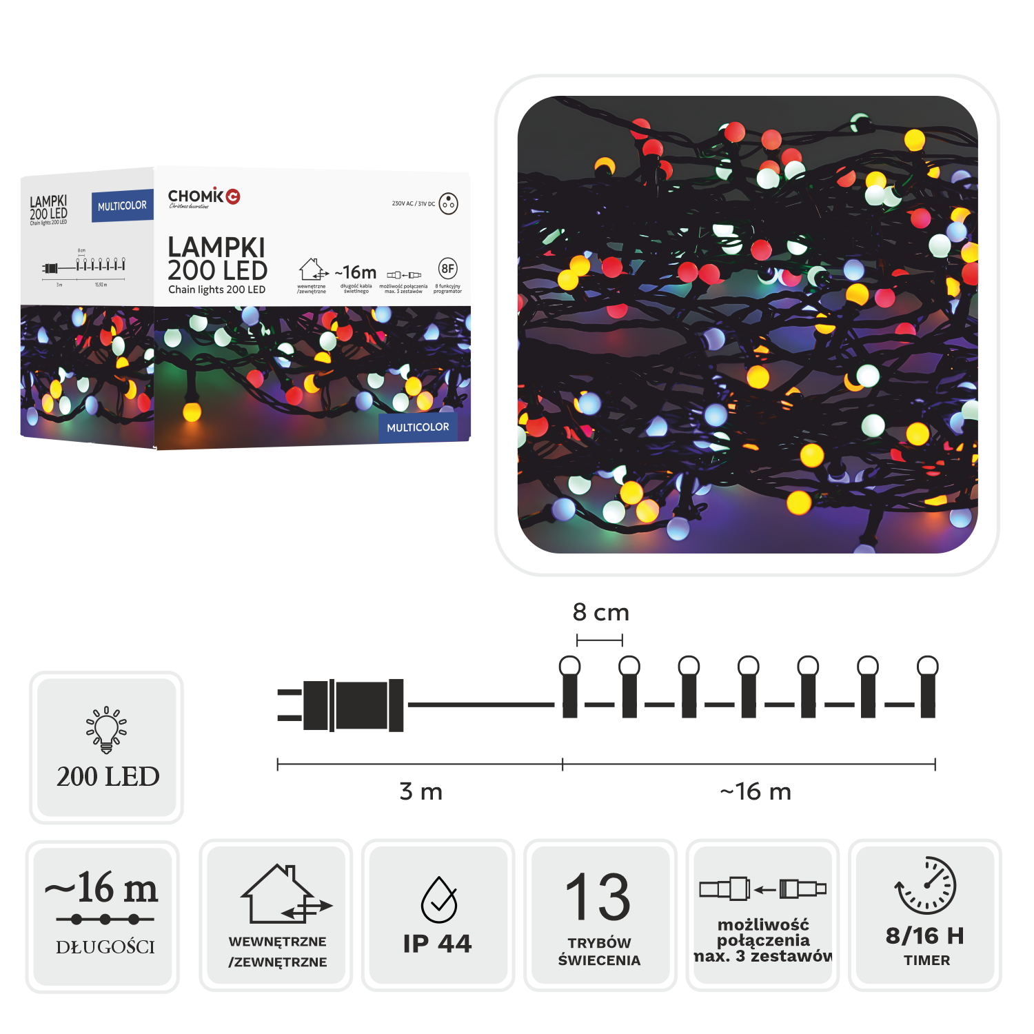 LAMPKI LED KULKI 200L MULTIKOLOR, DŁ. 3 + 16 M *0160