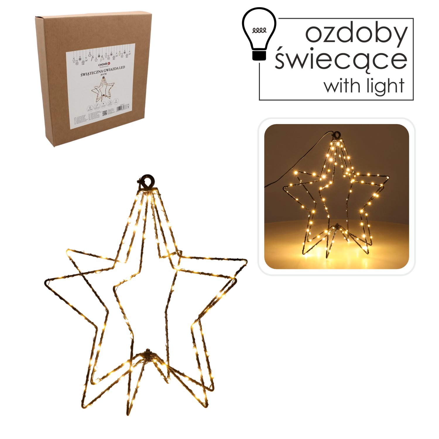 ŚWIĄTECZNA OZDOBA - GWIAZDA LED 30 CM 95 L CIEPŁY BIAŁY NA BATERIE *0337 - obrazek 3
