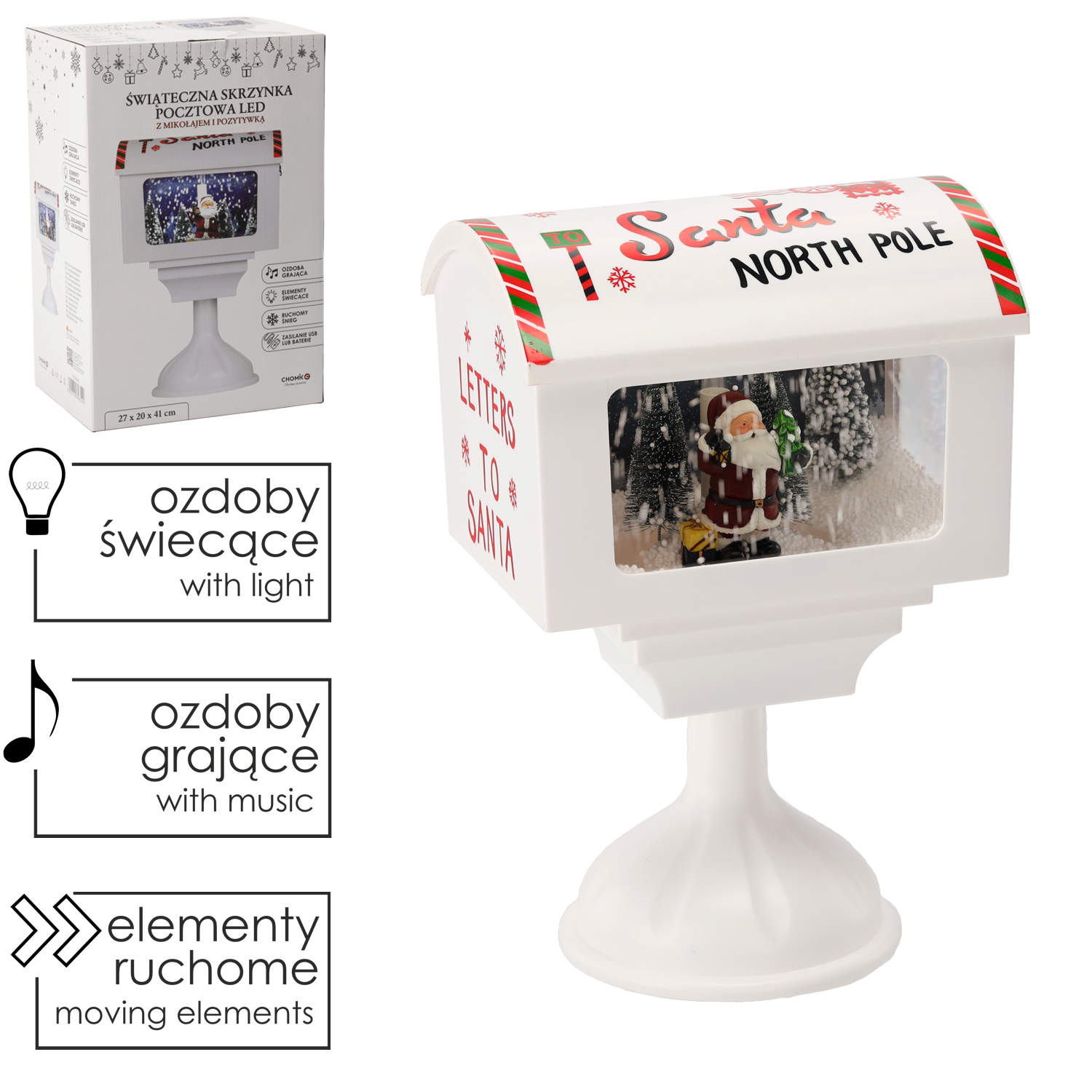 ŚWIĄTECZNA SKRZYNKA POCZTOWA 27 x 20 x 41 CM Z POZYTYWKĄ LED - BIAŁA - Z MIKOŁAJEM *3542 - obrazek 2