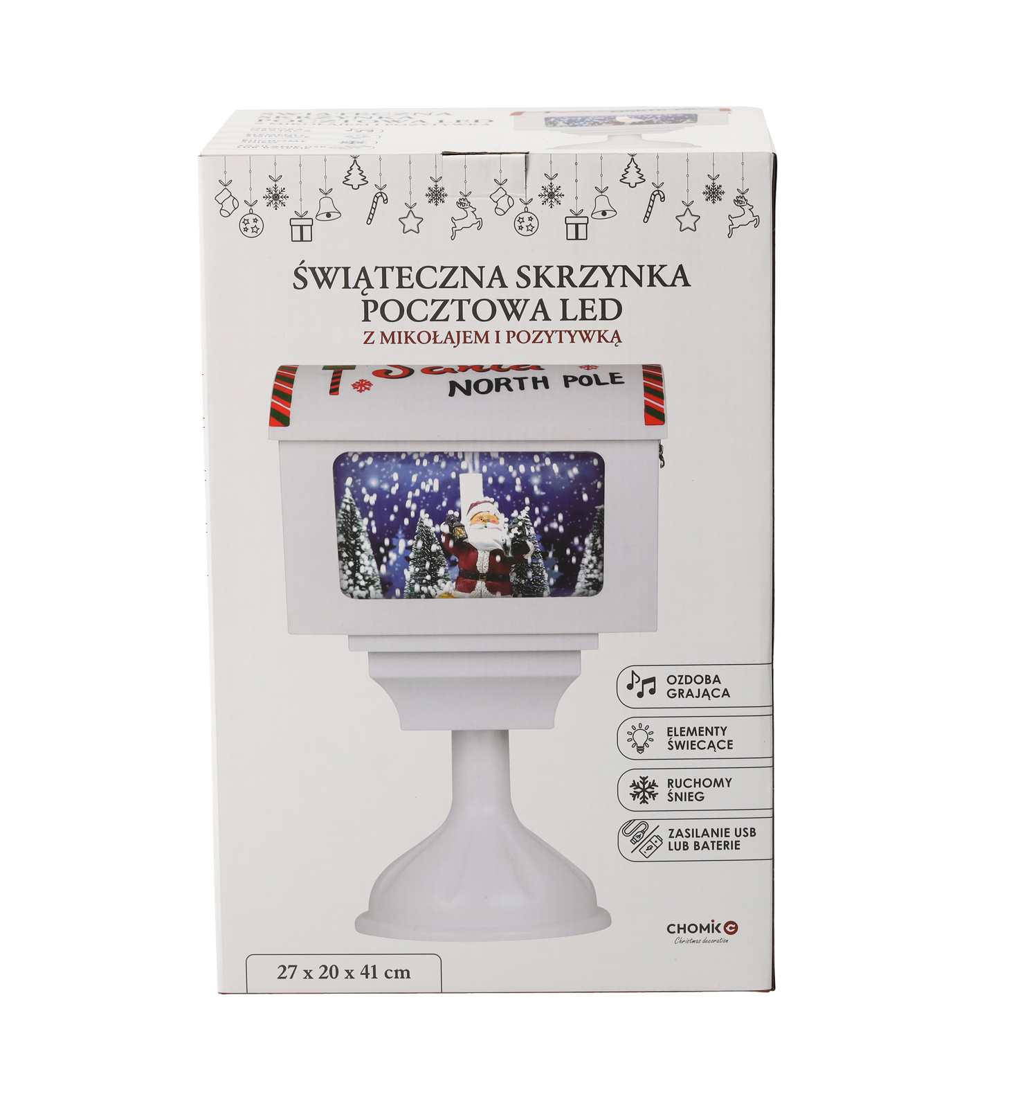 ŚWIĄTECZNA SKRZYNKA POCZTOWA 27 x 20 x 41 CM Z POZYTYWKĄ LED - BIAŁA - Z MIKOŁAJEM *3542 - obrazek 4