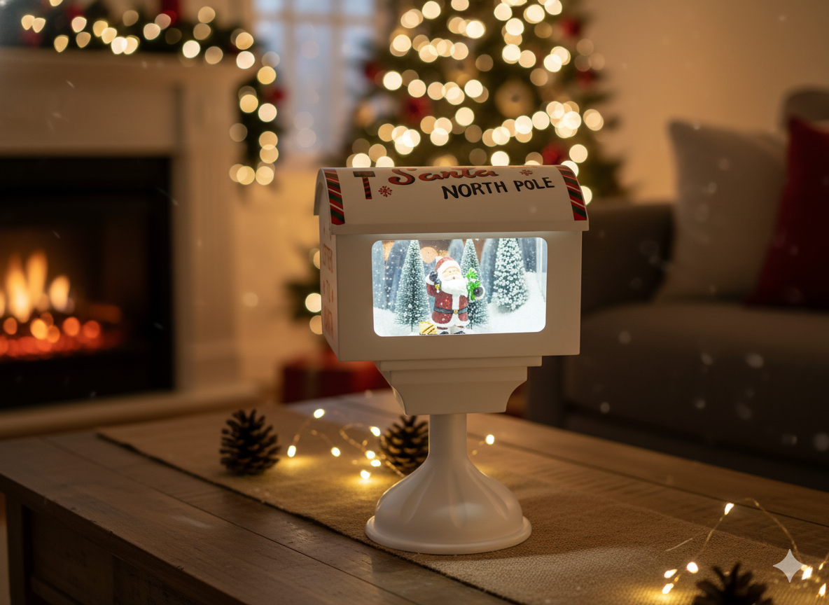 ŚWIĄTECZNA SKRZYNKA POCZTOWA 27 x 20 x 41 CM Z POZYTYWKĄ LED - BIAŁA - Z MIKOŁAJEM *3542