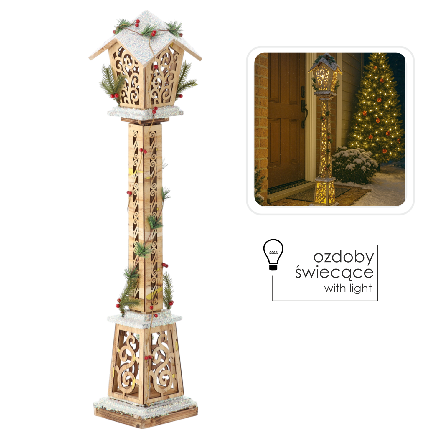 ŚWIĄTECZNA LATARNIA DREWNIANA BRĄZOWA LED 18 x 18 x 100 CM *5256 - obrazek 2