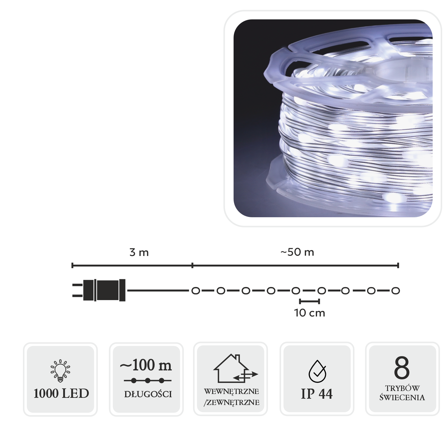 LAMPKI LED MICRO NA SZPULI 1000L ZIMNY BIAŁY, DŁ. 3 + 100 M *8561 - obrazek 3