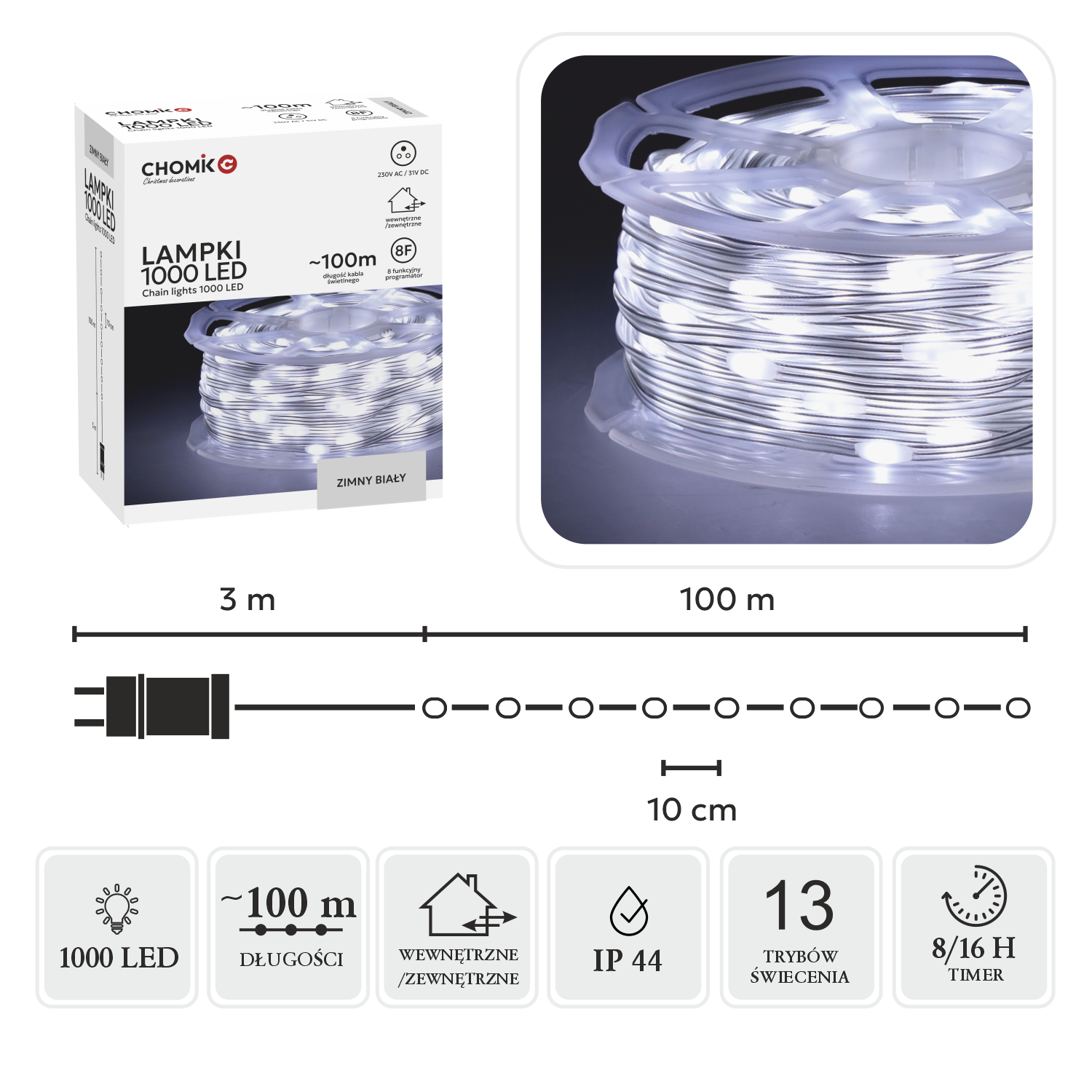 LAMPKI LED MICRO NA SZPULI 1000L ZIMNY BIAŁY, DŁ. 3 + 100 M *8561 - obrazek 2