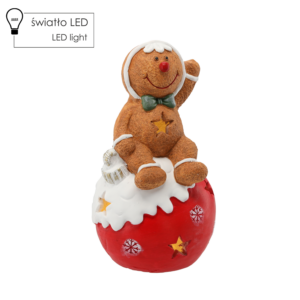FIGURKA BOŻONAR. - PIERNIKOWY LUDZIK SIEDZĄCY NA BOMBCE 19 X 17 X 35 CM LED *0974