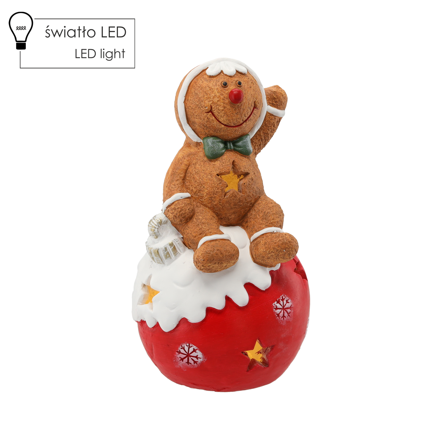 FIGURKA BOŻONAR. - PIERNIKOWY LUDZIK SIEDZĄCY NA BOMBCE 19 X 17 X 35 CM LED *0974