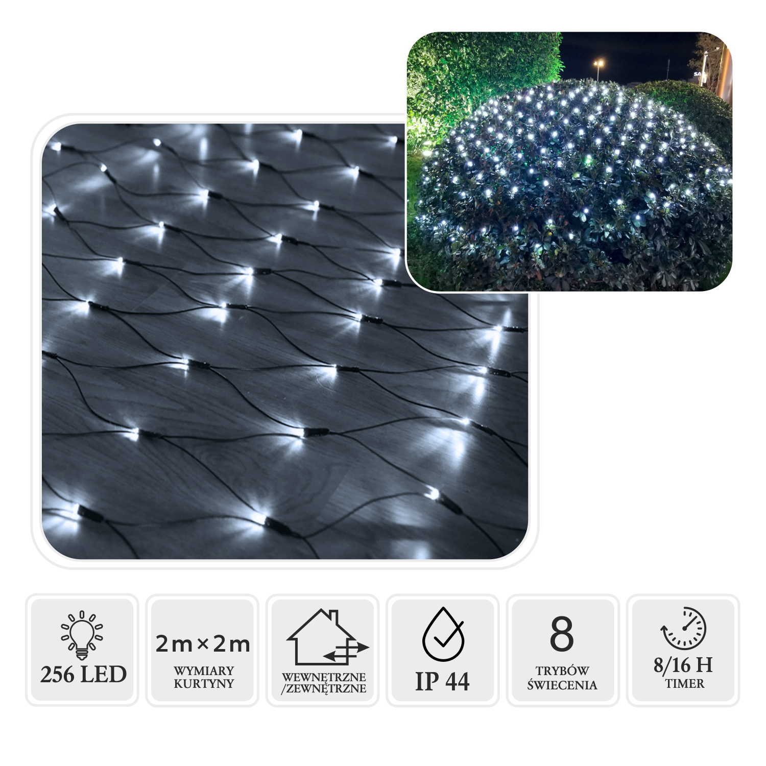 KURTYNA SIATKA LED 256L ZIMNY BIAŁY 2 x 2 M WEWN/ZEWN *1698 - obrazek 3