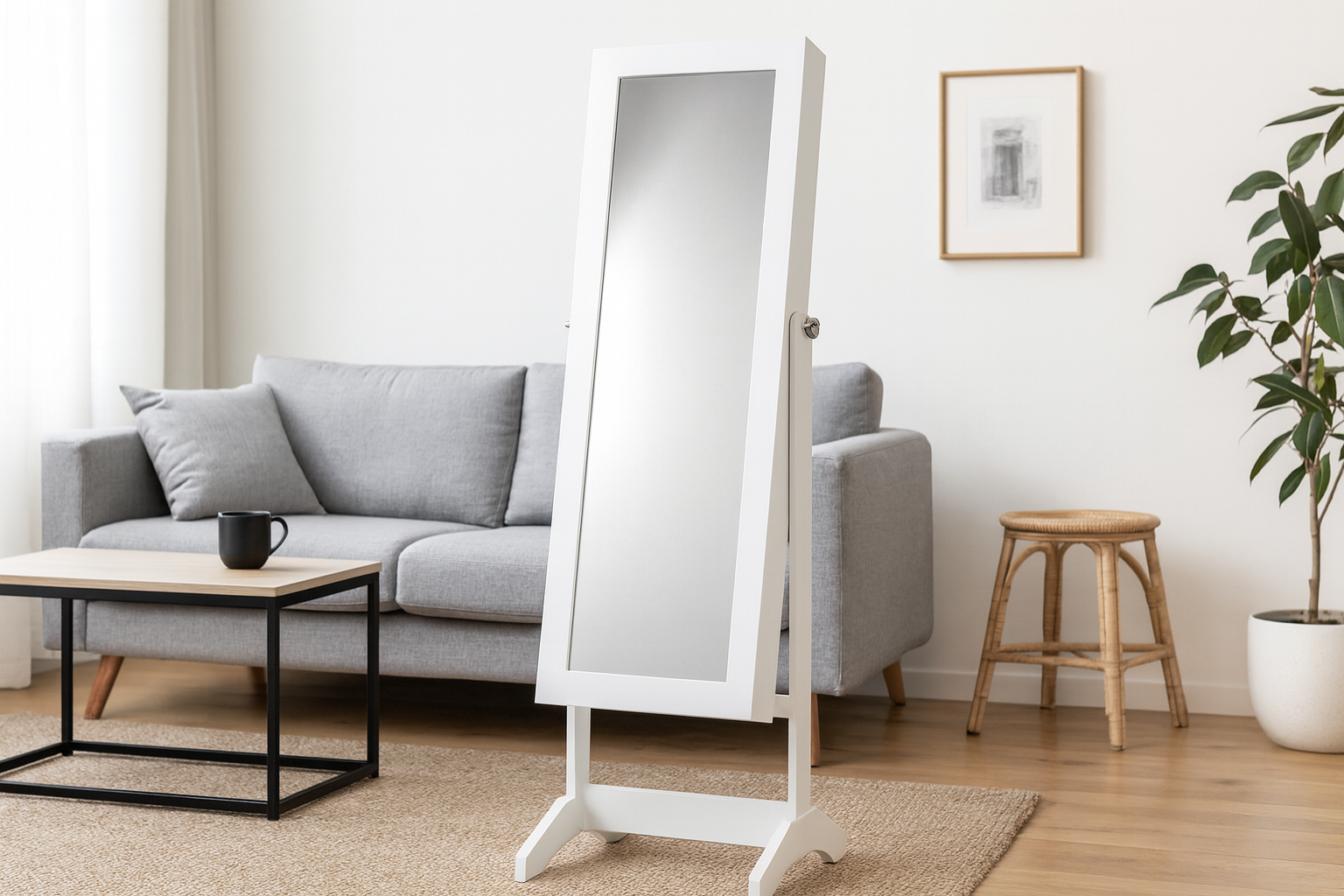 SZAFKA NA BIŻUTERIĘ Z LUSTREM BIAŁA 34 x 35,5 x 140 cm *5799 - obrazek 2