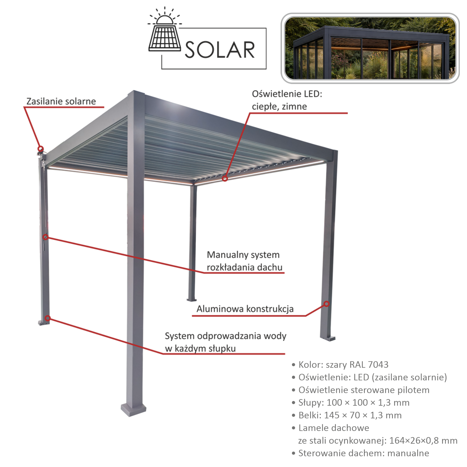 PERGOLA OGRODOWA ALUMINIOWA SZARA LED 3 x 4 x 2,5 M - obrazek 4