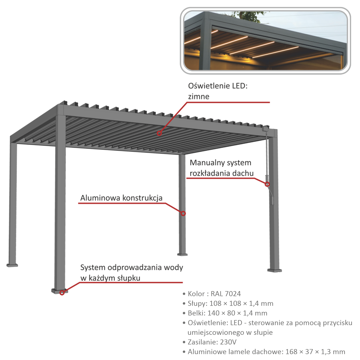 PERGOLA OGRODOWA ALUMINIOWA SZARA LED 3 x 3 x 2,5 M - obrazek 3