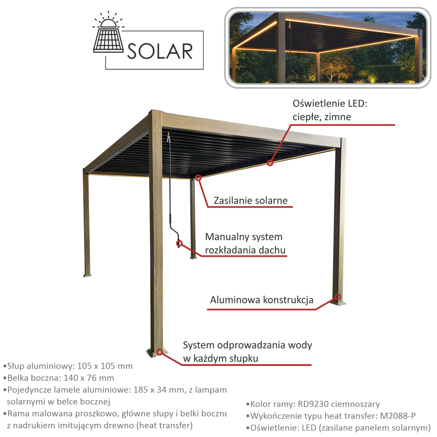 PERGOLA ALUMINIOWA BIOKLIMATYCZNA LED 3 x 4 x 2,5 M DREWNOPODOBNA - obrazek 3