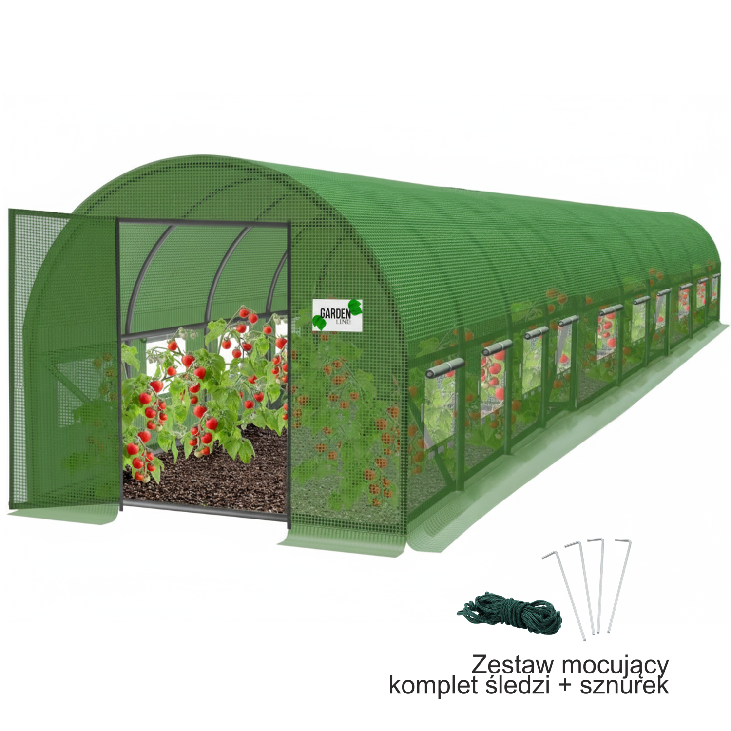 TUNEL FOLIOWY OGRODOWY 10 SEGMENTOWY ZIELONY 10 x 5 x 2 M Z DRZWIAMI NA ZAWIASIE - obrazek 3