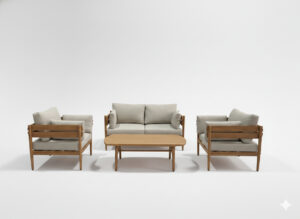 ZESTAW MEBLI ALUMINIOWYCH "PODGORICA" (SOFA + 2 FOTELE + STOLIK) BRĄZOWY + BEŻOWE PODUSZKI