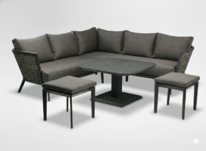 ZESTAW MEBLI ALUMINIOWYCH "TALLINN" (SOFA NAROŻNA + 2 PUFY + STOLIK Z REGULOWANĄ WYS.) SZARY + SZARE PODUSZKI