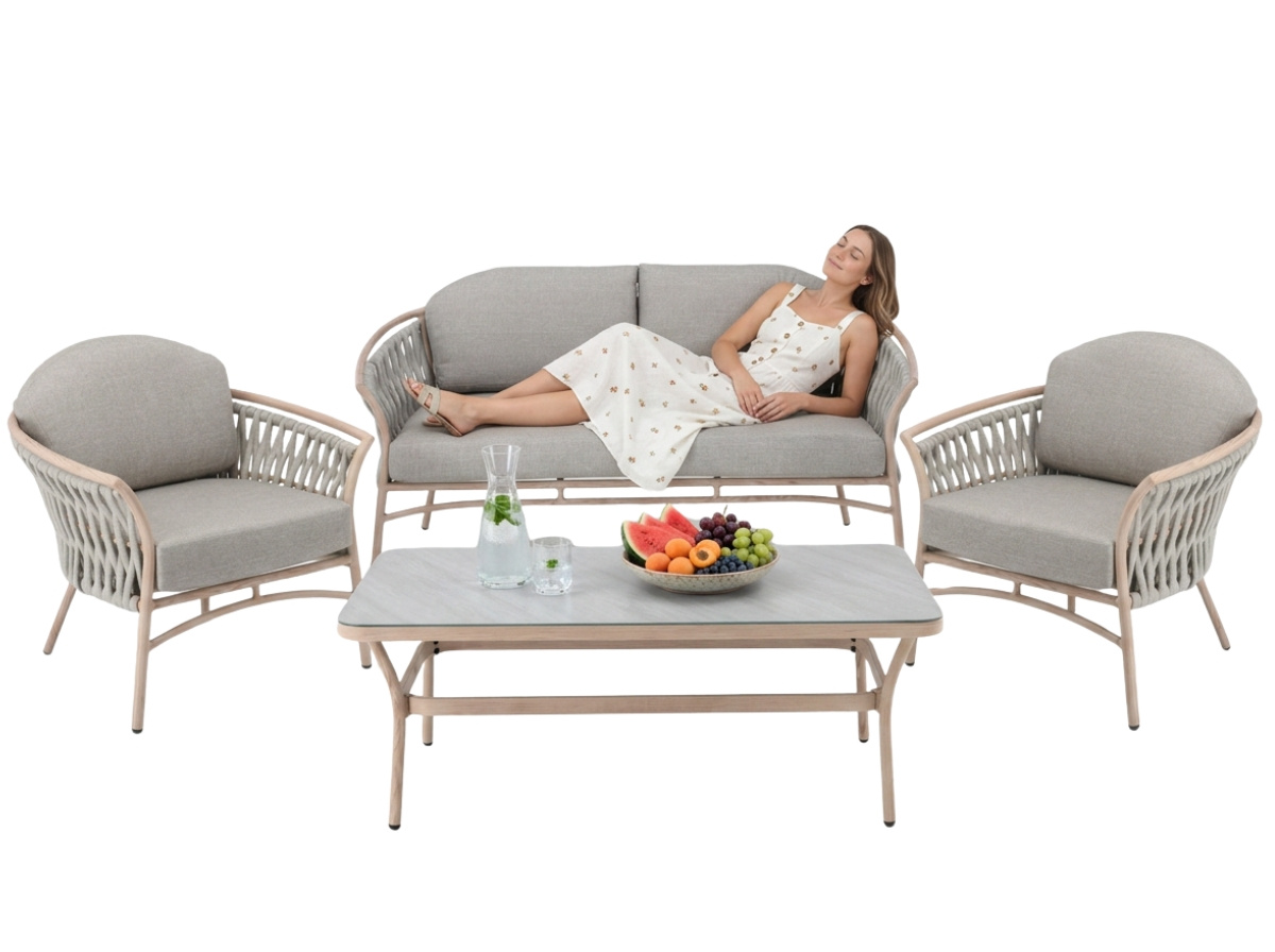 ZESTAW MEBLI ALUMINIOWYCH "VALLETTA" (SOFA + 2 FOTELE + STOLIK) BEŻOWY + SZARE PODUSZKI - obrazek 2