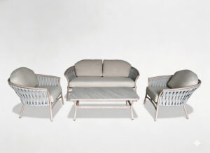 ZESTAW MEBLI ALUMINIOWYCH "VALLETTA" (SOFA + 2 FOTELE + STOLIK) BEŻOWY + SZARE PODUSZKI