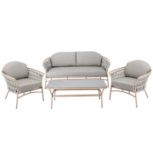 ZESTAW MEBLI ALUMINIOWYCH "VALLETTA" (SOFA + 2 FOTELE + STOLIK) BEŻOWY + SZARE PODUSZKI