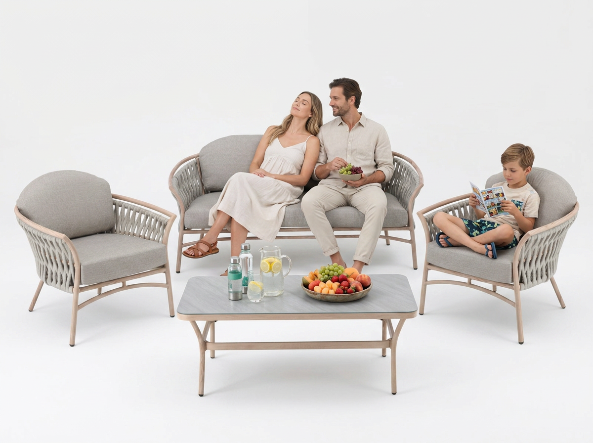 ZESTAW MEBLI ALUMINIOWYCH "VALLETTA" (SOFA + 2 FOTELE + STOLIK) BEŻOWY + SZARE PODUSZKI - obrazek 3