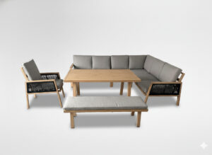 ZESTAW MEBLI ALUMINIOWYCH "OTTAWA" (SOFA NAROŻNA + ŁAWKA + STOLIK) BRĄZOWY + SZARE PODUSZKI