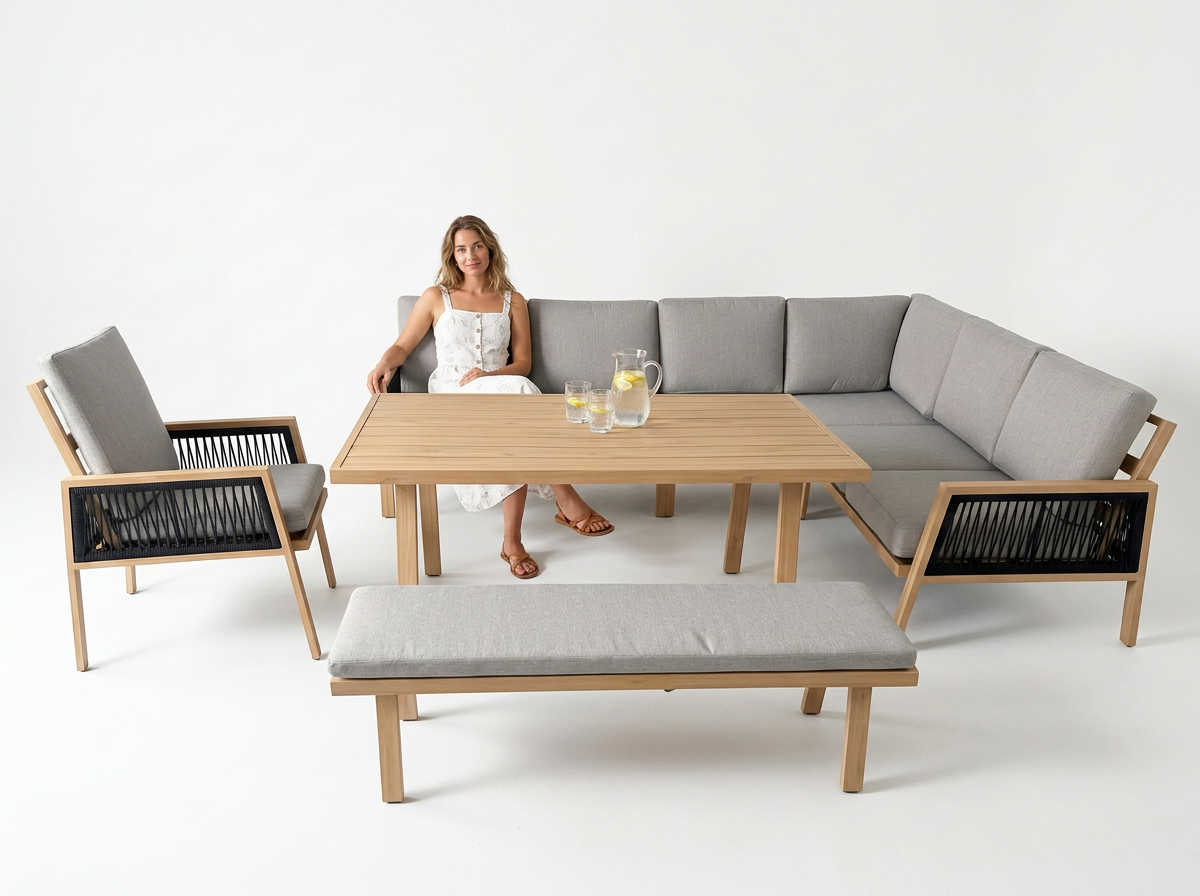 ZESTAW MEBLI ALUMINIOWYCH "OTTAWA" (SOFA NAROŻNA + ŁAWKA + STOLIK) BRĄZOWY + SZARE PODUSZKI - obrazek 4