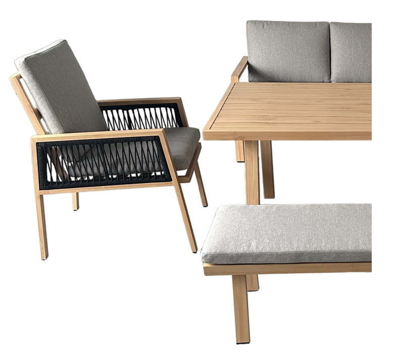 ZESTAW MEBLI ALUMINIOWYCH "OTTAWA" (SOFA NAROŻNA + ŁAWKA + STOLIK) BRĄZOWY + SZARE PODUSZKI - obrazek 3