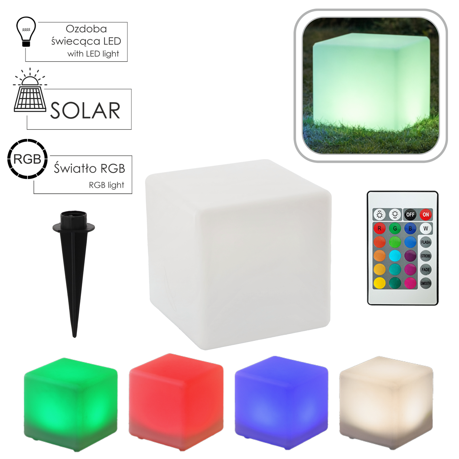 LAMPA SOLARNA KOSTKA BIAŁA 40 x 40 x 41 CM MULTIKOLOR Z PILOTEM *4903 - obrazek 3