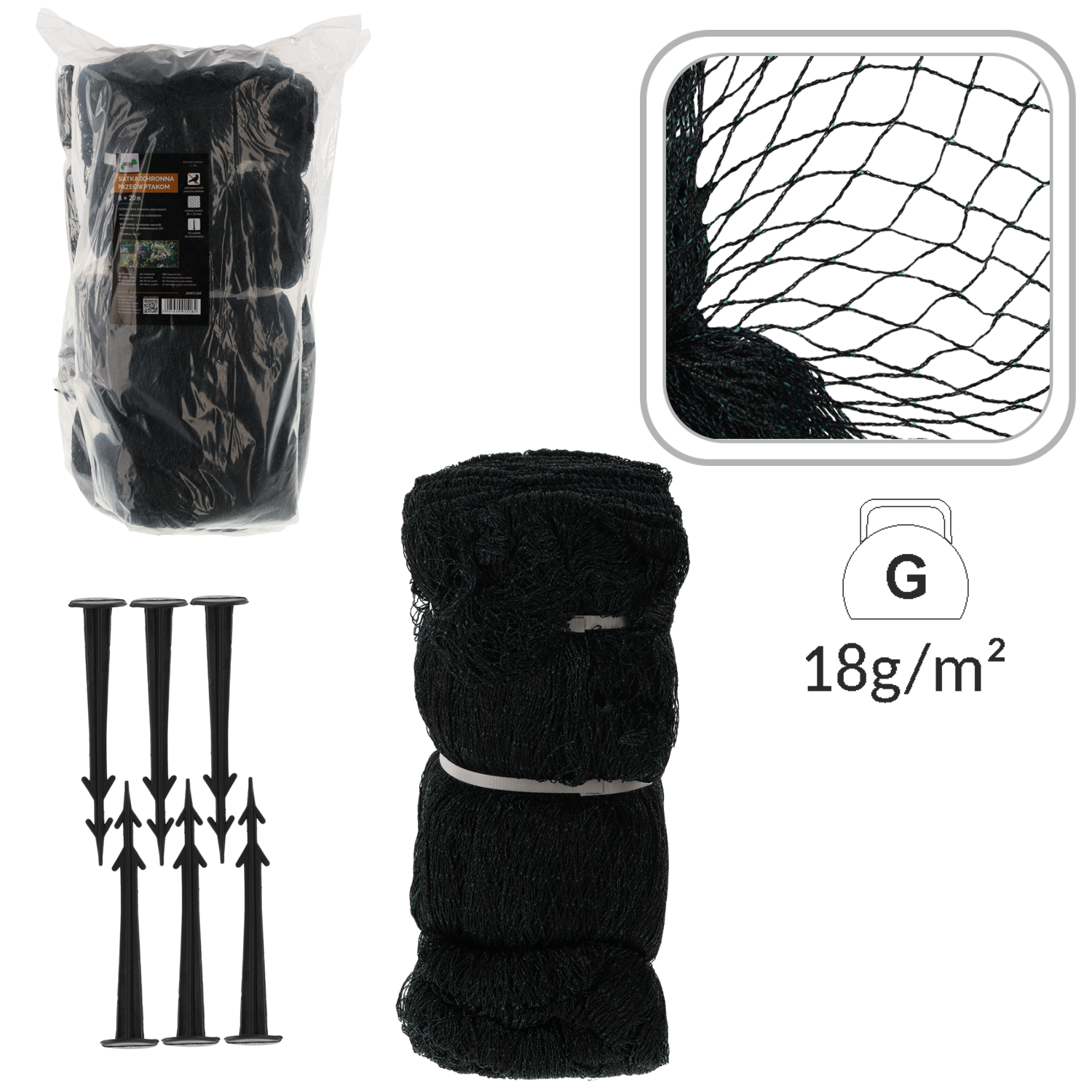 SIATKA OCHRONNA PRZECIW PTAKOM 8x20m (18g/m2) + 16 PLASTIK. SZPILEK *5184