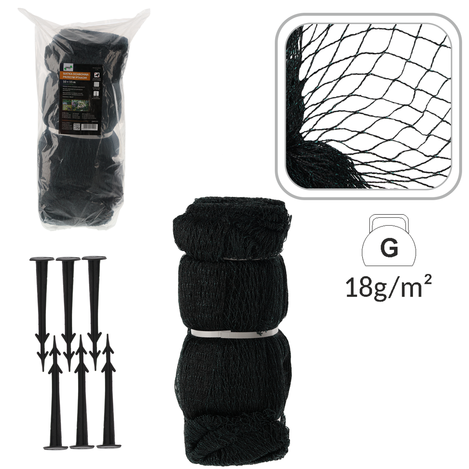 SIATKA OCHRONNA PRZECIW PTAKOM 10x15m (18g/m2) + 20 PLASTIK. SZPILEK *5191