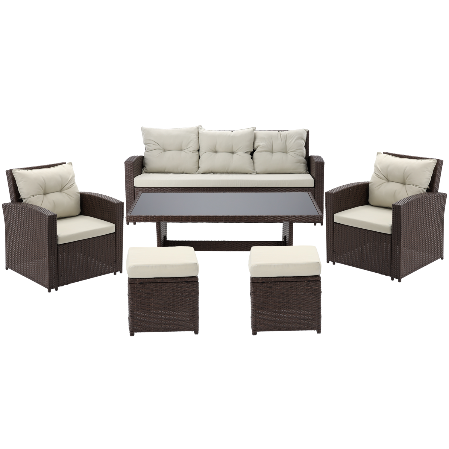 DUŻY ZESTAW MEBLI OGRODOWYCH (SOFA, 2 FOTELE, 2 PUFY, STOLIK) - BRĄZOWY, PODUSZKI - BEŻOWY - obrazek 2