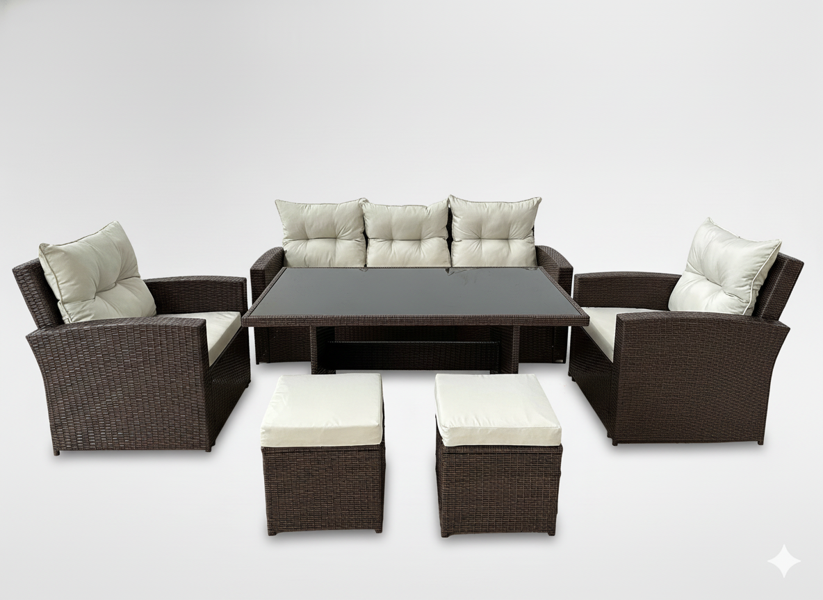 DUŻY ZESTAW MEBLI OGRODOWYCH (SOFA, 2 FOTELE, 2 PUFY, STOLIK) - BRĄZOWY, PODUSZKI - BEŻOWY