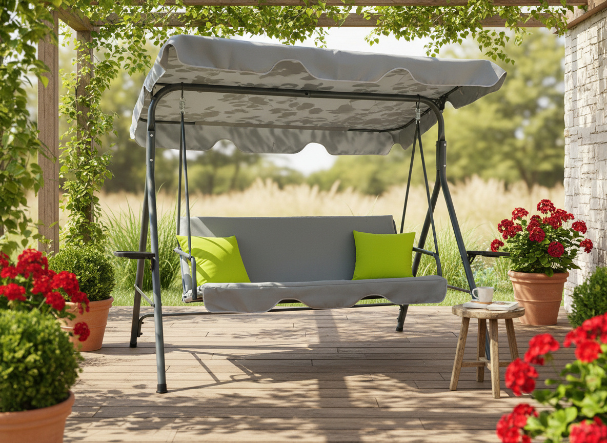 HUŚTAWKA OGRODOWA A-TYPE 170 x 118 x 153 cm SZARA Z LIMONKOWYMI POD. I PODSTAWKAMI NA KUBEK - obrazek 4